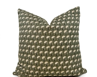 Eucalyptus green floral block pillow cover, green floral pillow, green and yellow pillow