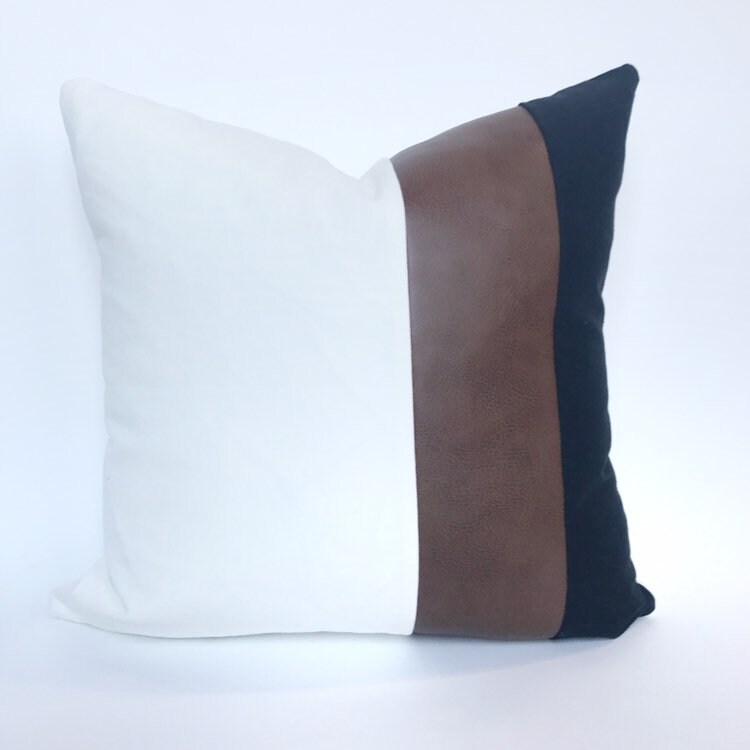 Vertical color block pillow cover black white leather | Etsy