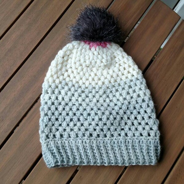 White and Gray Ombre Slouchy Beanie with Faux Fur Pom Pom