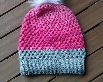Slouchy Beanie in Pink and Gray with Faux Fur Pom Pom