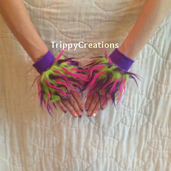 Fluffies green, purple, and pink spike or monster fluffie wrist cuffs. Great for raves, festivals, and gogo dancers.