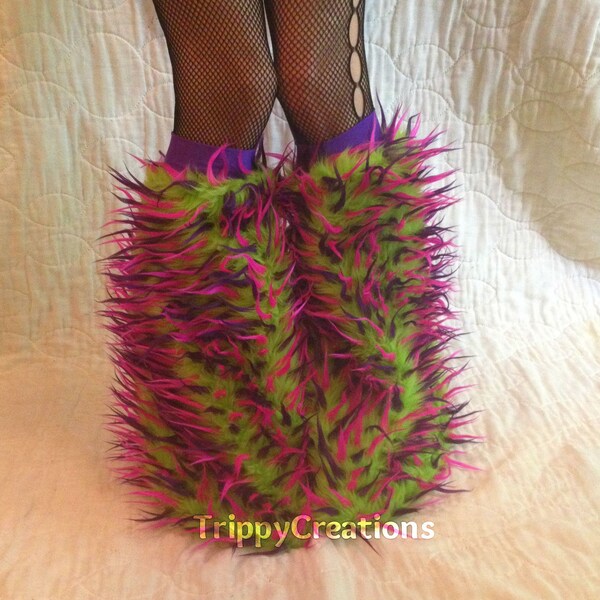 Fluffies spike pink green and purple spike monster fluffie leg warmers. Great for raves, festivals, and gogo dancers.
