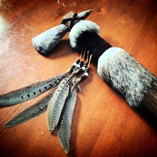 Handcrafted Native American Inspired Tomahawk (suede, fur, beads, natural pheasant feathers)