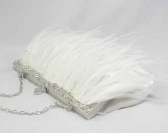 1920s Bridal Feather Wedding Clutch, White Ostrich Feather Bridal Clutch, Wedding Purse, Feather Bridal Clutch Great Gatsby Flapper Bridal