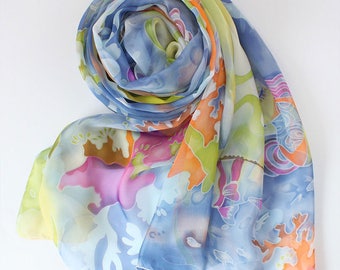 Oversize Silk Scarf with Oil Paint Style Print - Abstract Print Silk Chiffon Scarf - Colorful Chiffon Scarf - Mulberry Silk Scarf -AS2017-N1