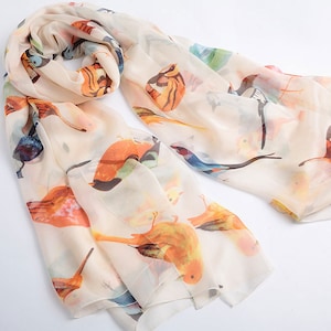 Silk Chiffon Scarf with Birds Print -  Large Silk Scarf - Mulberry Silk Scarf  - AS-S3
