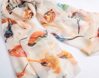 Foulard en mousseline de soie avec imprimé oiseaux - Grande écharpe en soie - Foulard en soie mulberry - AS-S3