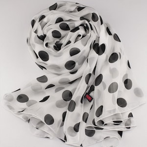 White Silk Chiffon Scarf with Large Polka Dot Print - Black Dot Printed Silk Scarf - AS33