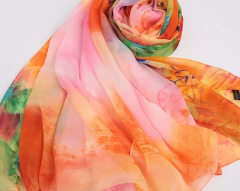 Floral Printed Silk Chiffon Scarf - Silk Scarf with Floral Print - Large Silk Scarf -  Green Floral Silk Scarf - AS2015-13