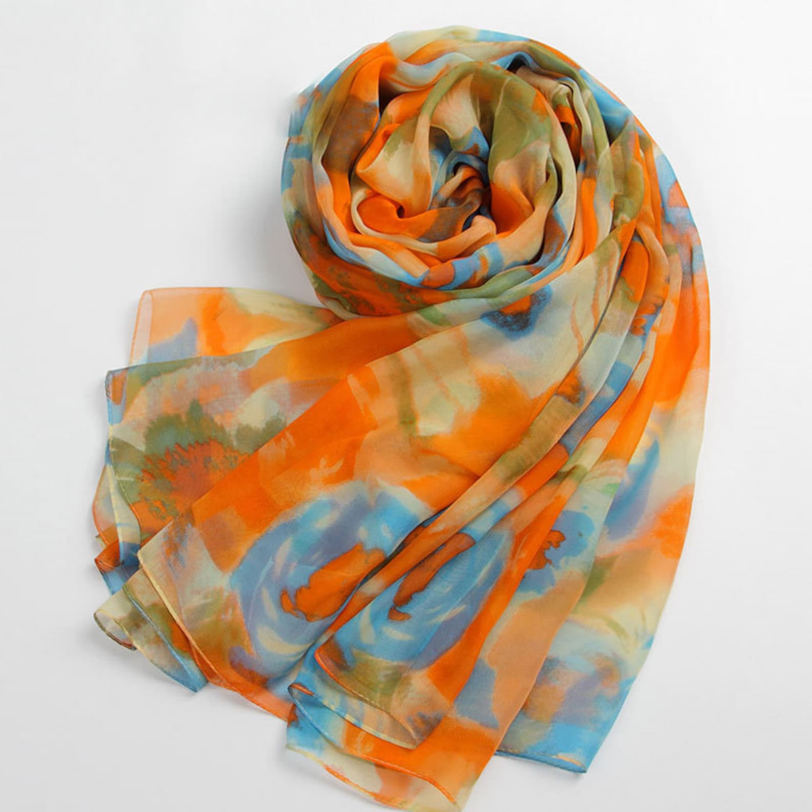 Orange Floral Silk Scarf Orange and Blue Silk Chiffon Scarf Floral Silk
