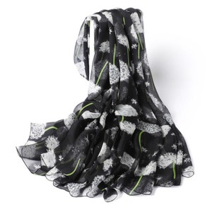 Schwarze Floral Seide Schal mit Löwenzahn Print - schwarz Floral Seide Schal - Löwenzahn gedruckt Seide Schal - schwarz und weiß Floral Seide Schal