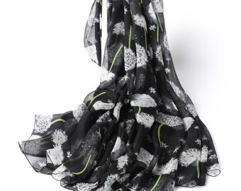 Foulard en soie florale noire avec imprimé pissenlit -Foulard en soie florale noire - Foulard de soie imprimé pissenlit - Foulard en soie florale noire et blanche