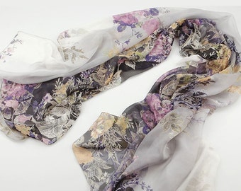 Gray Floral Silk Scarf - Gray and Blue Floral silk Scarf - Floral Gradient Colour Silk Scarf - Blue Floral Silk Scarf -  AS2015-56