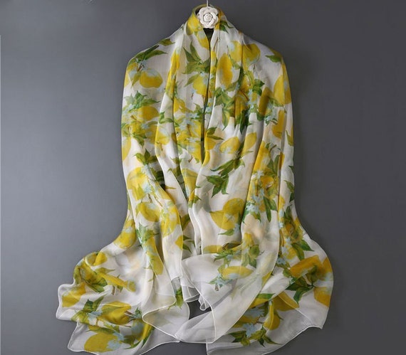 Floral Silk Scarf - Lemon Printed Silk Scarf - Blue Floral Silk Scarf - Blue Floral Silk Scarf - Large Blue Floral Silk Scarf - AS 2016-8