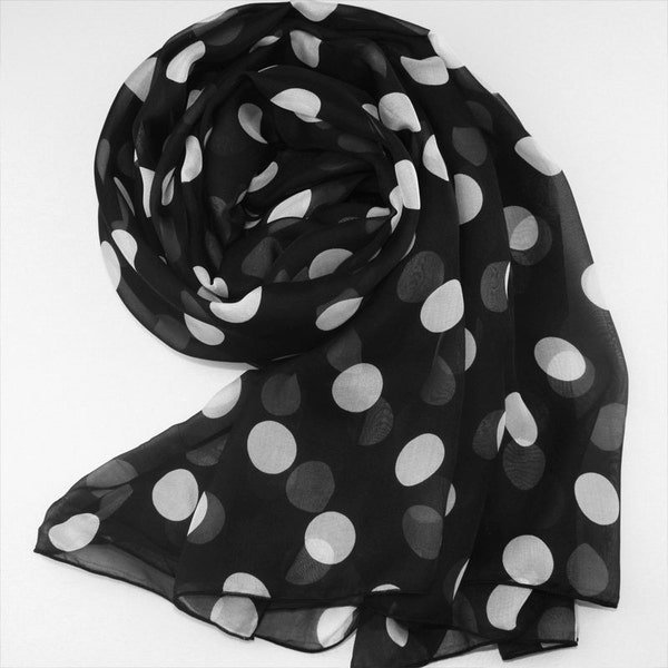 Foulard en mousseline de soie noire avec grand imprimé à pois - Foulard en soie imprimé à points blancs - AS32