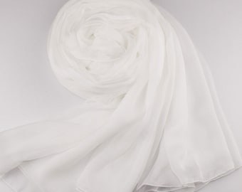 White Silk Scarf - White Mulberry Silk Chiffon Scarf - AS9