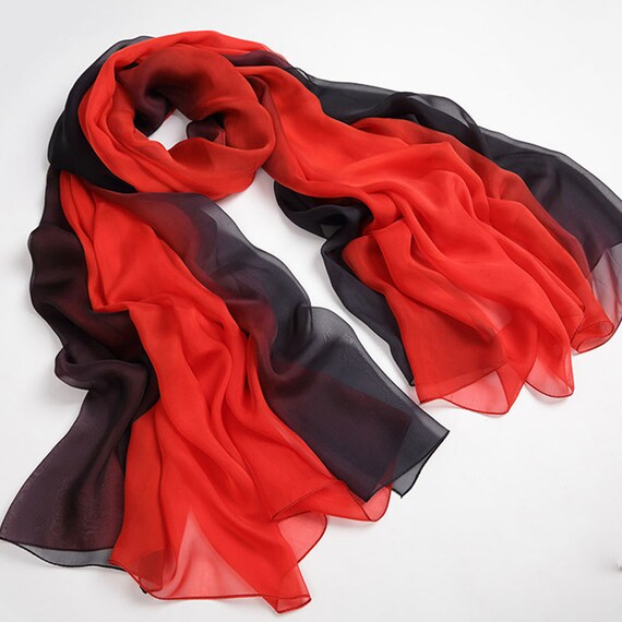 Long Silk Chiffon Scarf Gradient Color Black and Red SCH011 Long Silk Chiffon Scarf Gradient Color Black and Red SCH011