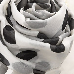 White Silk Chiffon Scarf with Big Polka Dot Print - Black Dot Printed Silk Scarf - AS2015-58