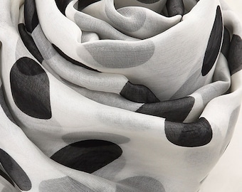 White Silk Chiffon Scarf with Big Polka Dot Print - Black Dot Printed Silk Scarf - AS2015-58
