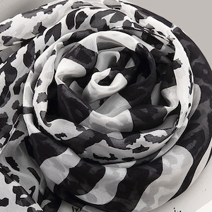 Leopard and Zebra Printed Silk Chiffon Scarf - Black Silk Scarf with Leopard Print - AS2015-57
