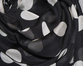 Black Silk Chiffon Scarf With Large Polka Dot Print - White