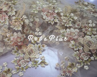 Tissu en dentelle strass - Dentelle de broderie Champagne Tulle - Dentelle brodée florale avec embellissement en strass - Tissu en dentelle bleue - L130