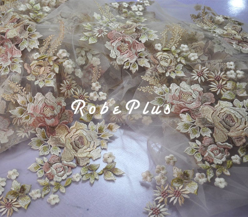 Rhinestone Lace Fabric Champagne Tulle Embroider Lace Floral