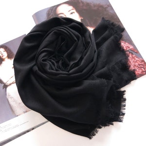 Large Black Wool  Blend Scarf - 200 Thread Count Premium Wool Scarf - Black Wool Shawl - BS103P