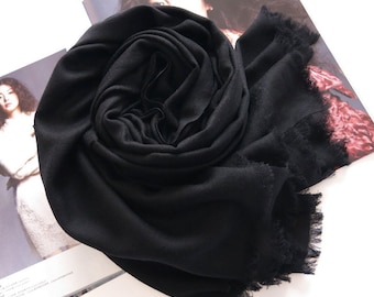 Large Black Wool  Blend Scarf - 200 Thread Count Premium Wool Scarf - Black Wool Shawl - BS103P