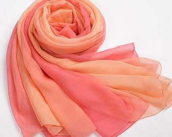Gradient Colour Silk Chiffon Scarf - Orange and Coral Gradient Coloured Silk Chiffon Scarf - Coral Silk Scarf- Orange Silk Scarf - AS2015-44