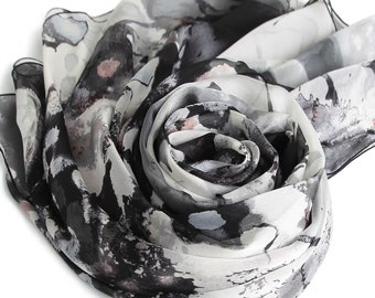 Floral Printed Silk Chiffon Scarf - Floral scarf with ink and wash painting - Multicolour floral print Silk Scarf - AS2018-V