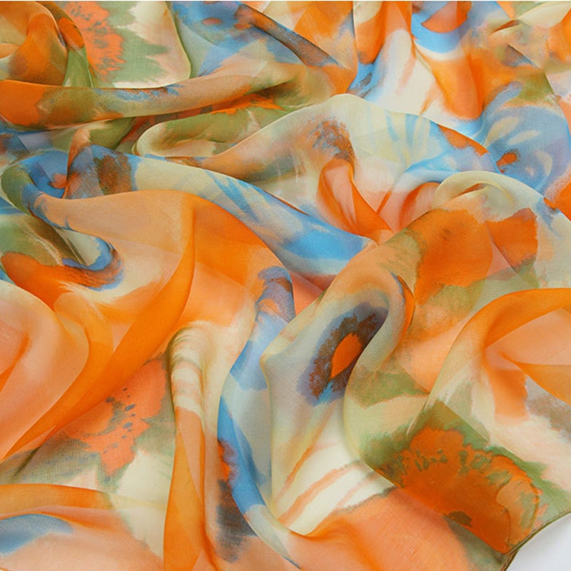 Orange Floral Silk Scarf Orange and Blue Silk Chiffon Scarf Floral Silk
