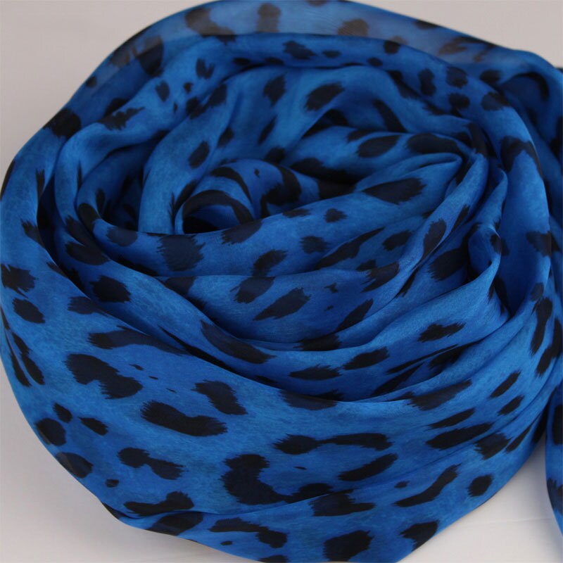 Blue Silk Chiffon Scarf With Leopard Print Leopard Printed Silk Chiffon