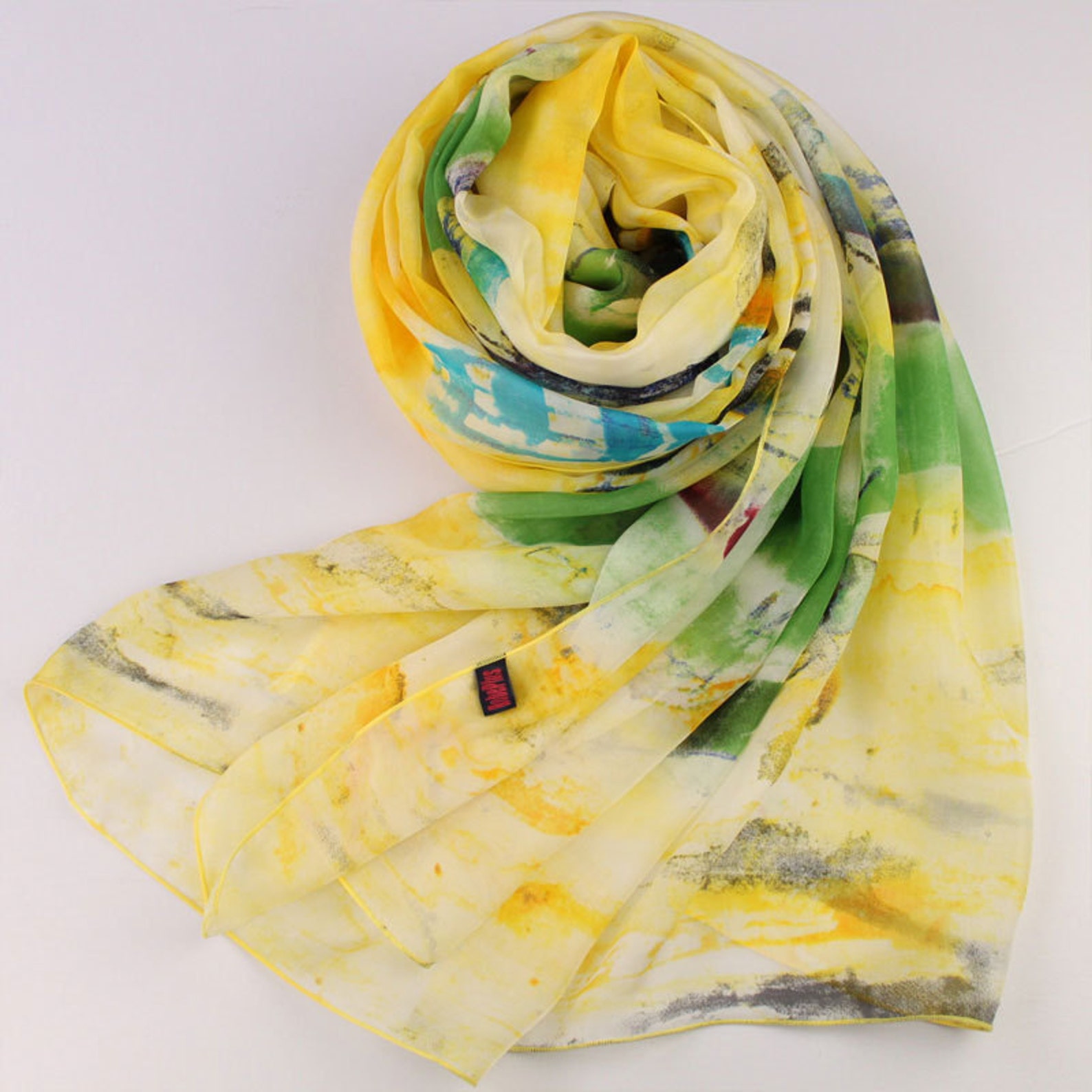 Bright Yellow Silk Chiffon Scarf With Abstract Floral Print Yellow