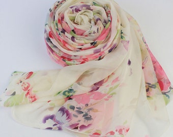 Floral Printed Silk Chiffon Scarf - Silk Scarf with Floral Print - AS S-5