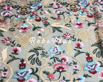 Multi-color Schiffli Lace - Multi-color Tulle Embroidered Lace - Embroidered Tulle Lace Fabric  - Colorful Floral Embroidered Lace -L305