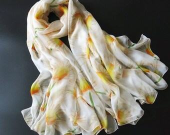 Floral Printed Silk Chiffon Scarf - Silk Scarf with Yellow Floral Print - Floral Silk Scarf - AS2015-53