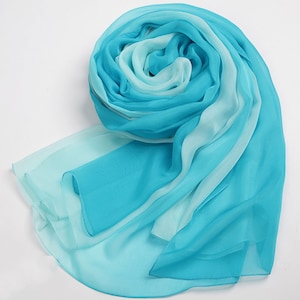 Light Sky Blue Gradient Silk Scarf - Cyan Gradient Coloured Silk Chiffon Scarf - Aqua Gradient Colour Silk Chiffon Scarf - AS2016-3