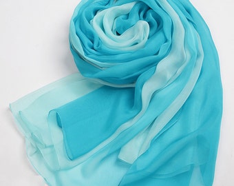 Light Sky Blue Gradient Silk Scarf - Cyan Gradient Coloured Silk Chiffon Scarf - Aqua Gradient Colour Silk Chiffon Scarf - AS2016-3