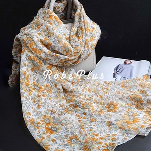 Orange Silk Chiffon Scarf with Daisy Print - Daisy Printed Silk Chiffon Scarf - Floral Silk Scarf - AS2022-68
