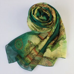 Pañuelo de gasa de seda verde oscuro con estampado de mapa - Pañuelo de seda morera verde - AS38