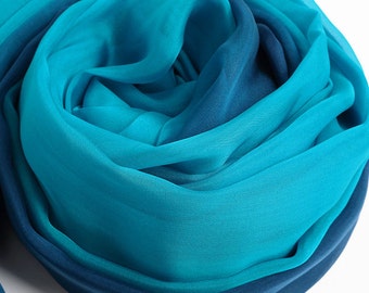 Blue Gradient Silk Scarf - Blue Gradient Coloured Silk Chiffon Scarf - Blue Silk Scarf - AS2015-25