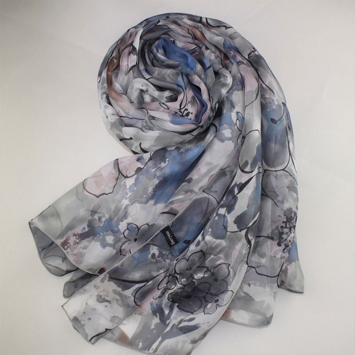 Gray Floral Silk Scarf Floral Grey Silk Scarf Grey Silk Etsy