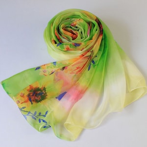 Lime Green Silk Scarf - Mulberry Silk Scarf - Green Gradient Scarf with Floral Print - Orange Floral Scarf - 281