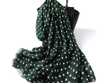 Polka Dot Print Silk Scarf- Dark Green Silk Chiffon Scarf with Small Polka Dot Print - White Dot Printed Silk Scarf - AS2018Y