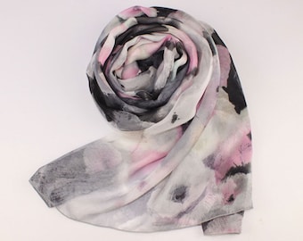 Oriental Style Floral Print Silk Scarf - Black and Pink Floral Silk Scarf - AS72