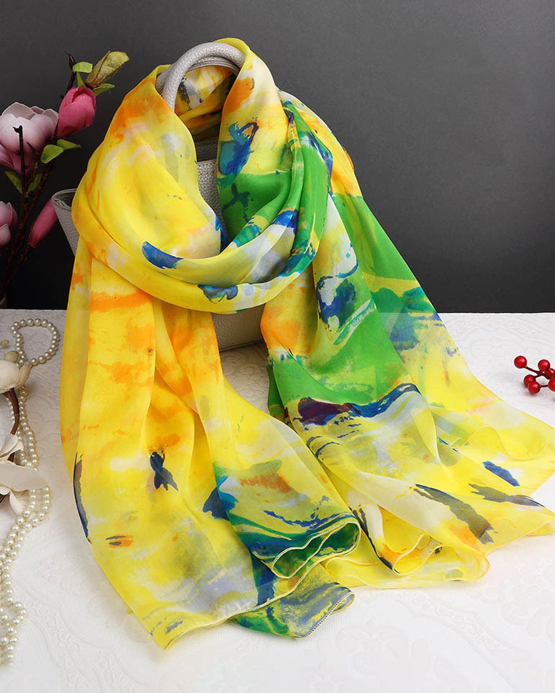 Floral Silk Scarf Yellow Silk Scarf Floral Printed Silk Etsy