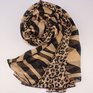 Leopard and Zebra Printed Silk Chiffon Scarf - Brown Silk Scarf with Leopard Print - Animal Print Silk scarf - AS64