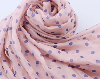 Pink Silk Scarf with Blue Dot Print - Polka Dot Printed Blue and Pink Silk Scarf - AS S-7
