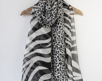 Animal Print Silk scarf - Leopard and Zebra Printed Silk Scarf - White Silk Scarf with Black Leopard Print - AS64